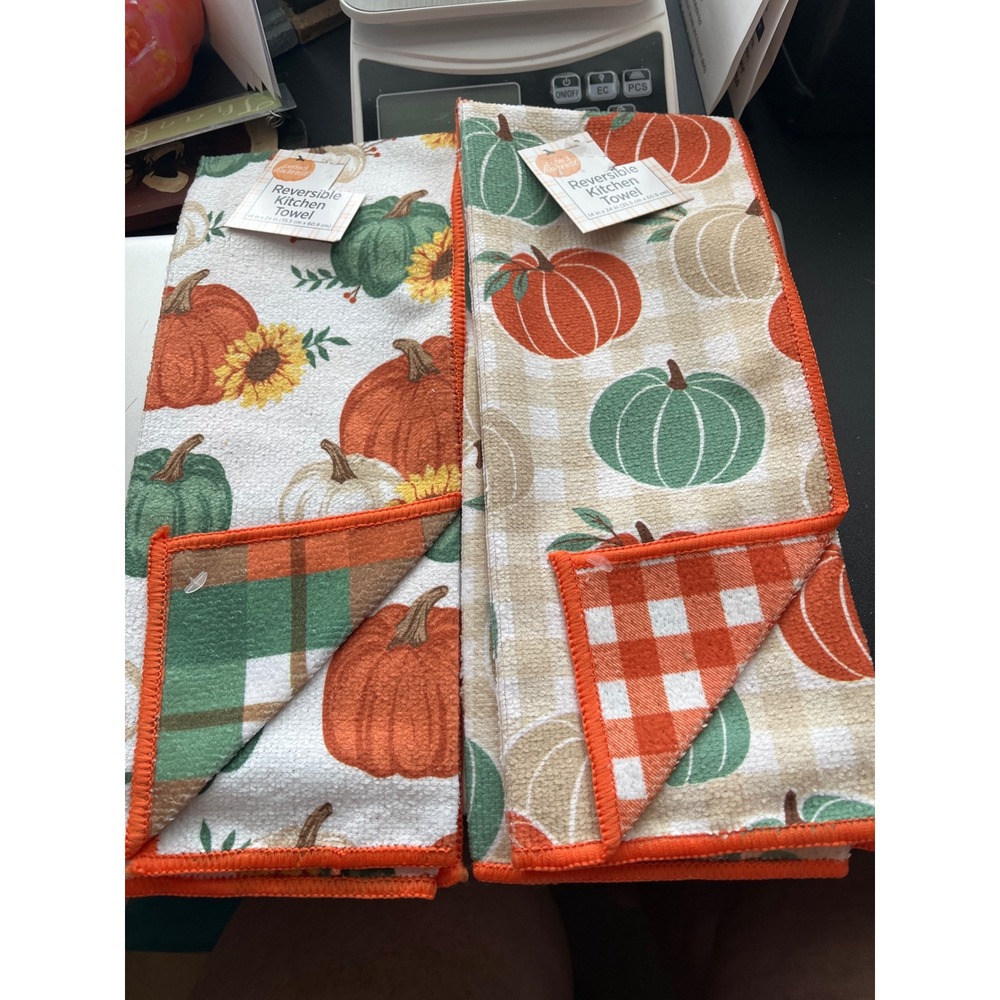 Perfect Harvest Reversible Kitchen Towels Set of 2 Pumpkin Sunflower Fall Decor